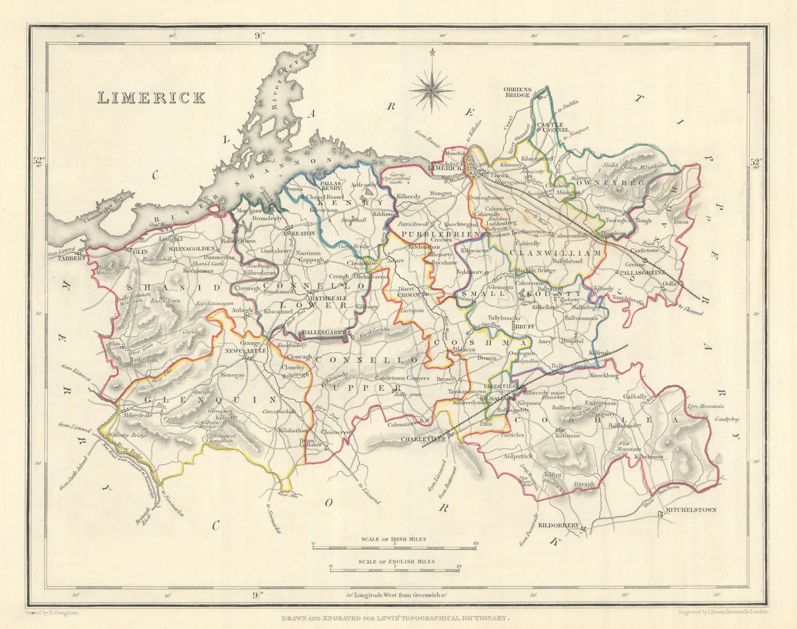 COUNTY LIMERICK antique map for LEWIS by CREIGHTON & DOWER. Ireland 1850